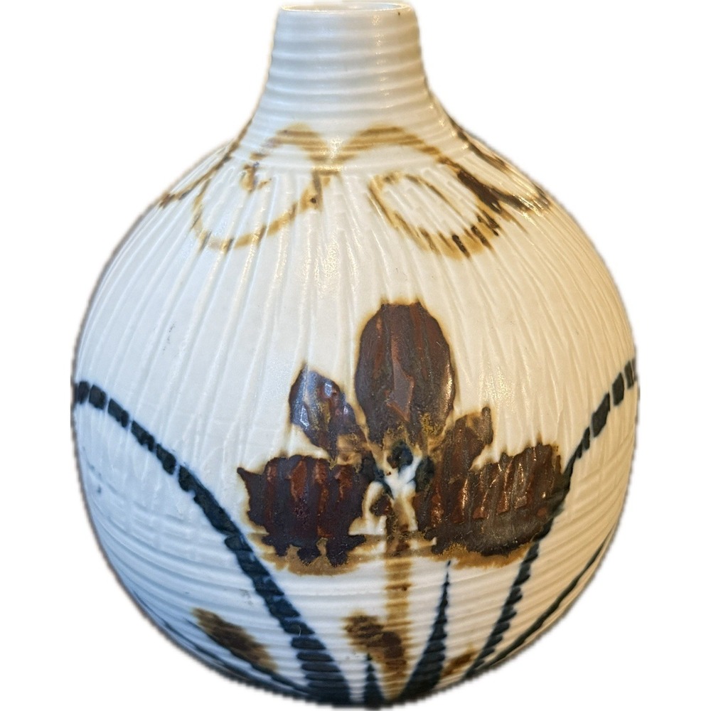 Abstract Floral Blue Swirl Hand Painted Glazed Art Pottery Clay Vase Toyo Japan